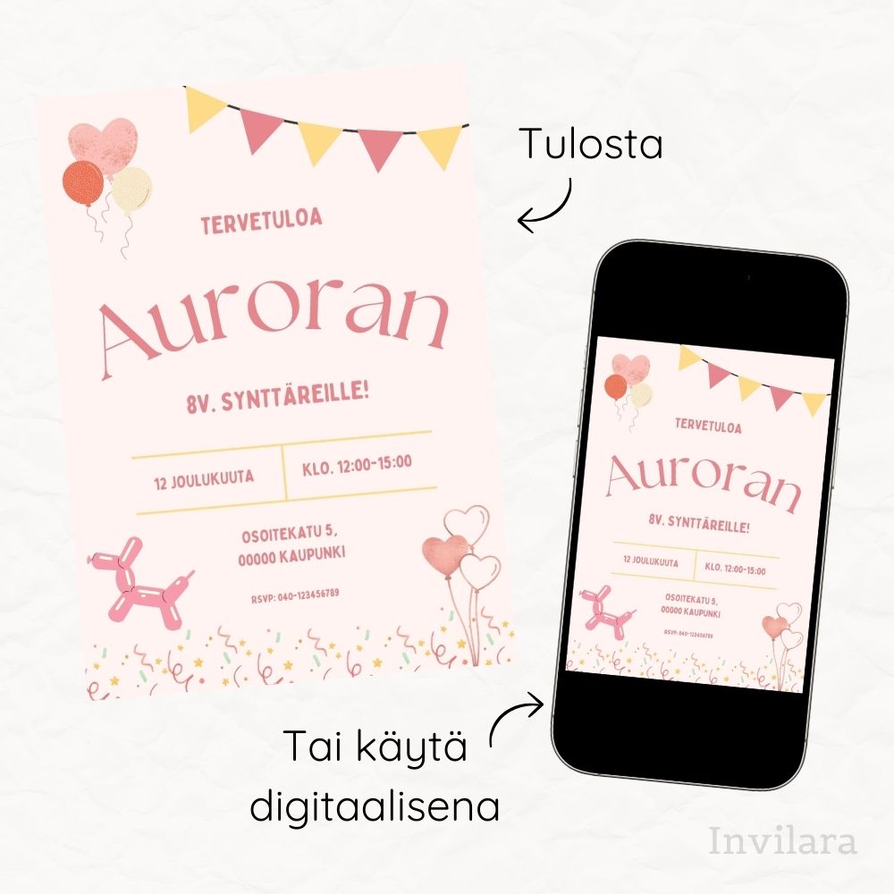 Lasten muokattavat ja tulostettavat tai digitaaliset syntymäpäiväkutsut