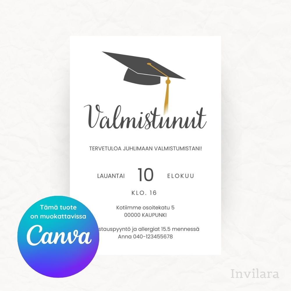 Muokattava ja tulostettava tai digitaalinen valmistujaiskutsu