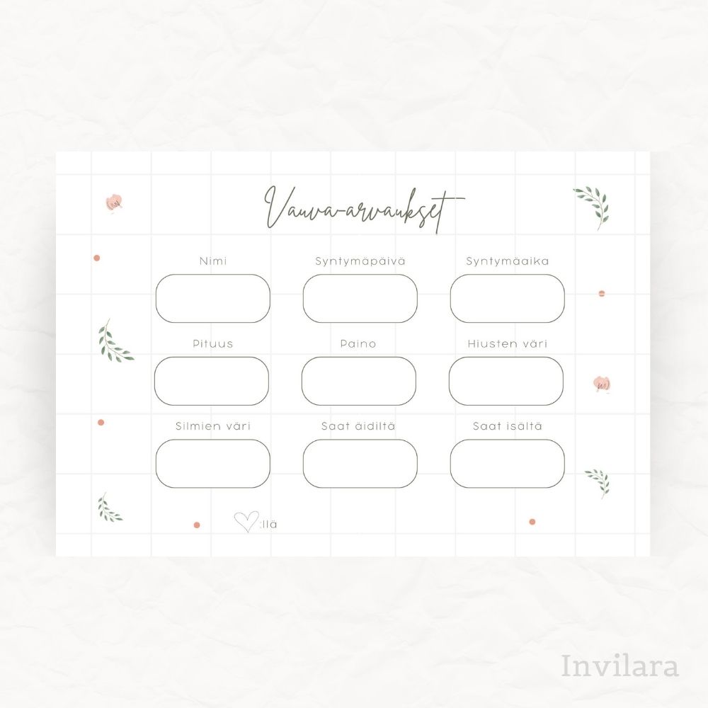 vauva arvaukset tehtäväkortti, arvaa vauvan paino pituus nimi ja paljon muuta