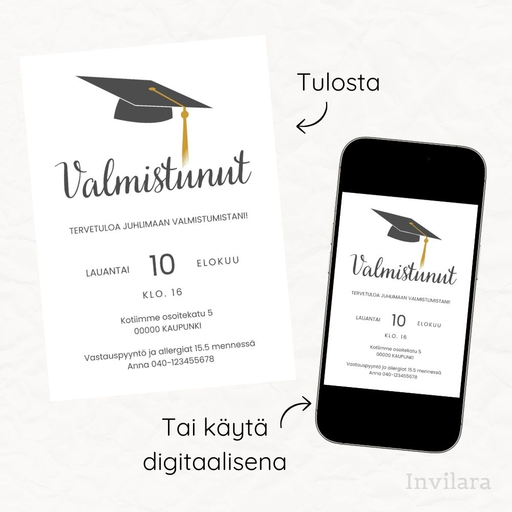 Muokattava ja tulostettava tai digitaalinen valmistujaiskutsu