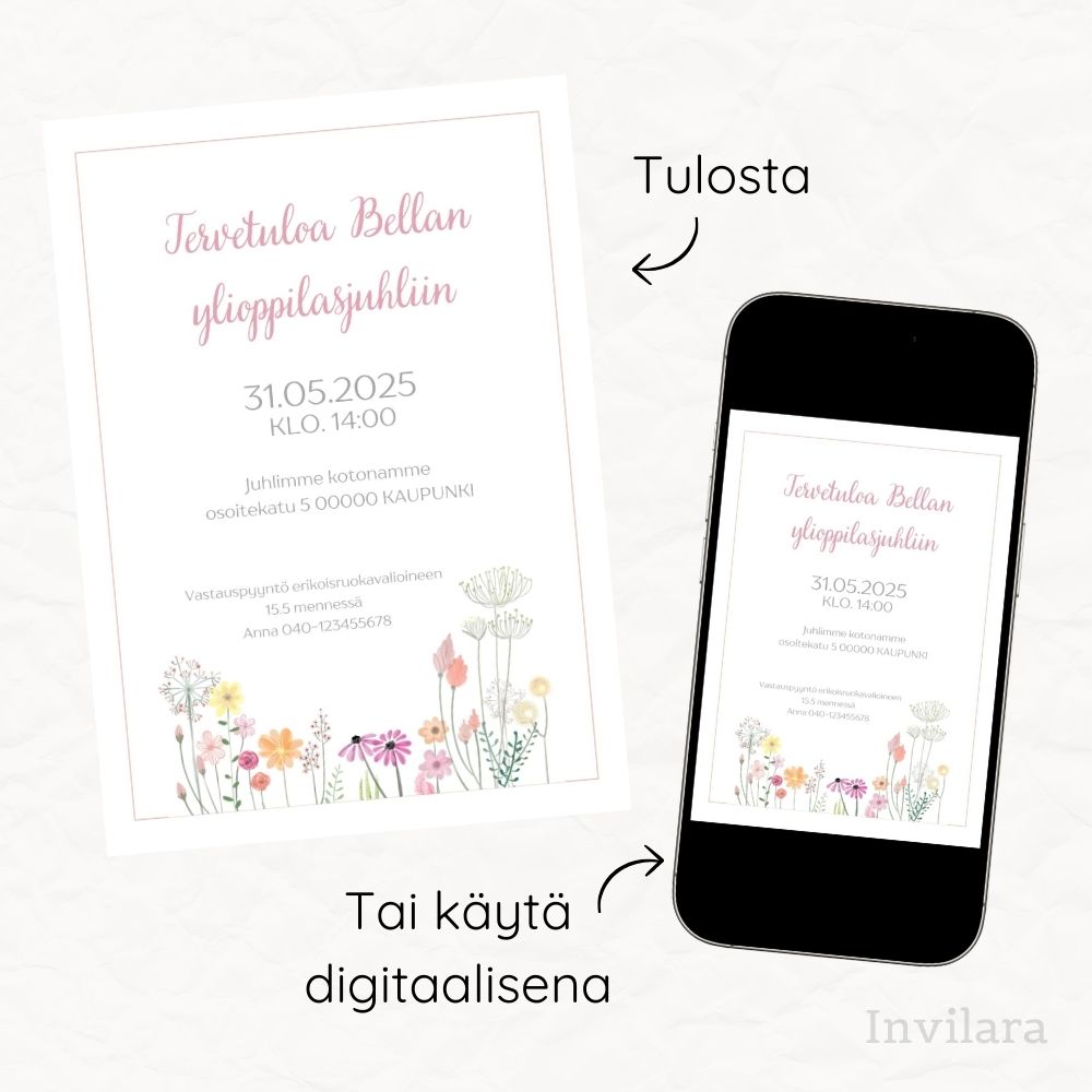 muokattava ja tulostettava tai digitaalinen valmistujaiskutsu