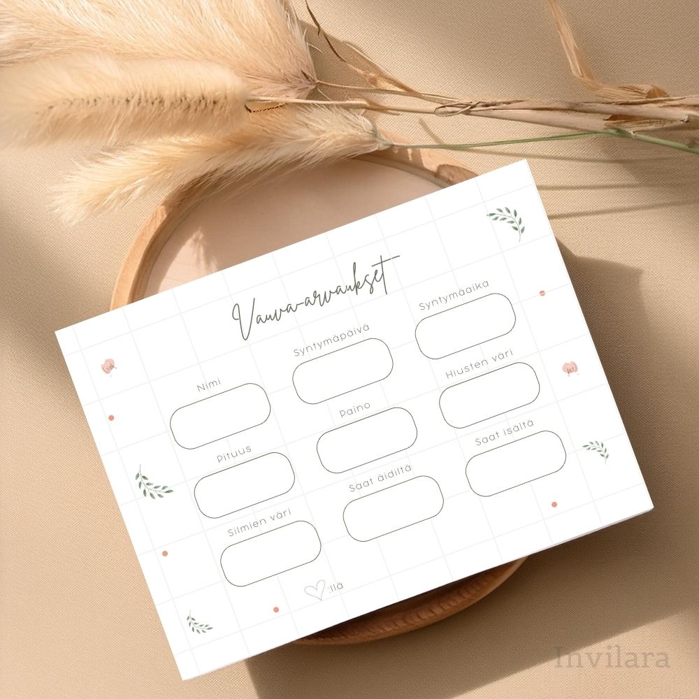 vauva arvaukset tehtäväkortti, arvaa vauvan paino pituus nimi ja paljon muuta