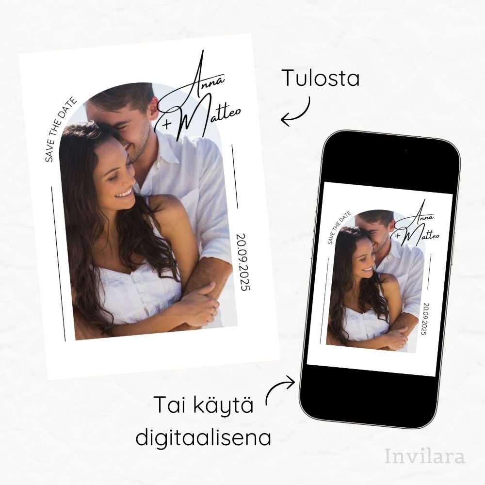 Muokattava ja tulostettava tai digitaalinen save the date kutsu ennen häitä