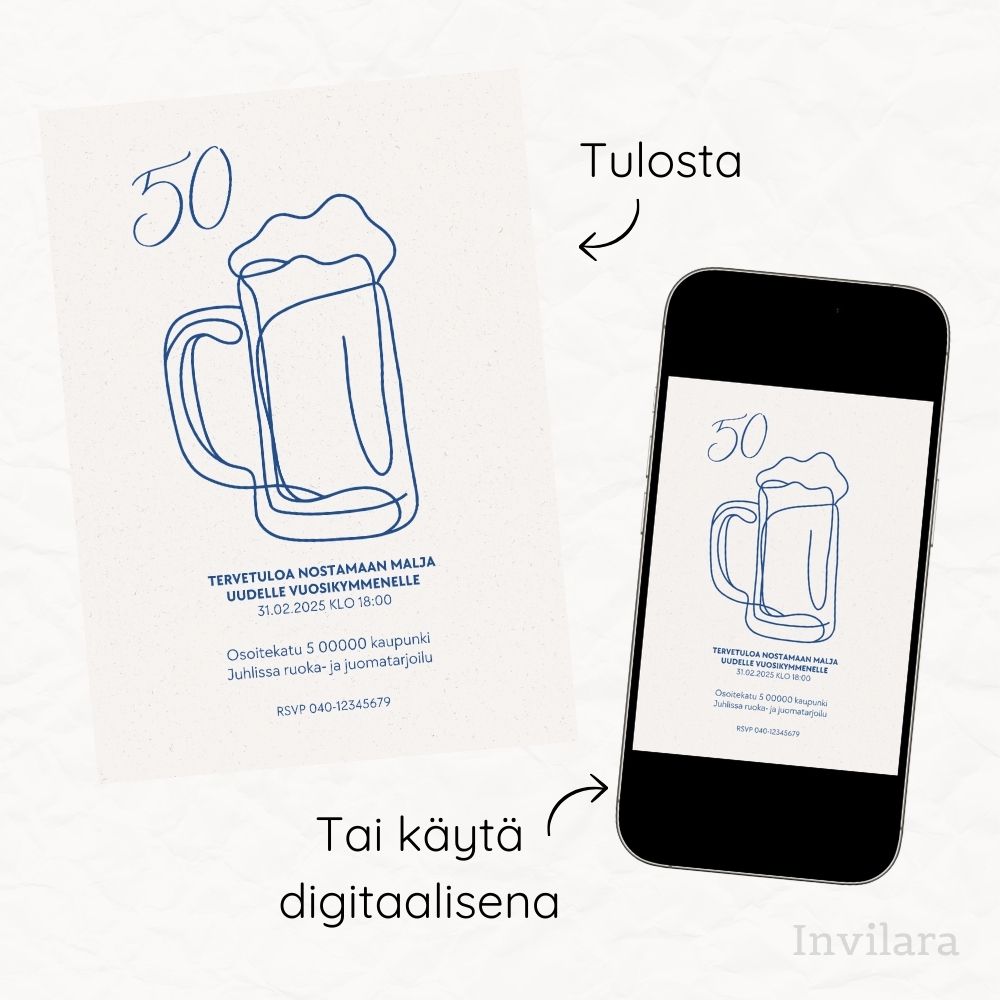 Aikuisten muokattavat ja tulostettavat tai digitaaliset syntymäpäiväkutsut