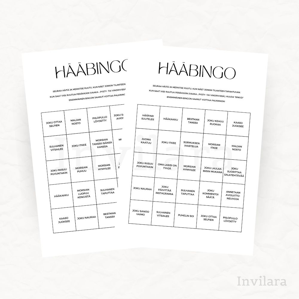 Hääbingo vieraille, häät, hää aktiviteetit, tekemistä häissä