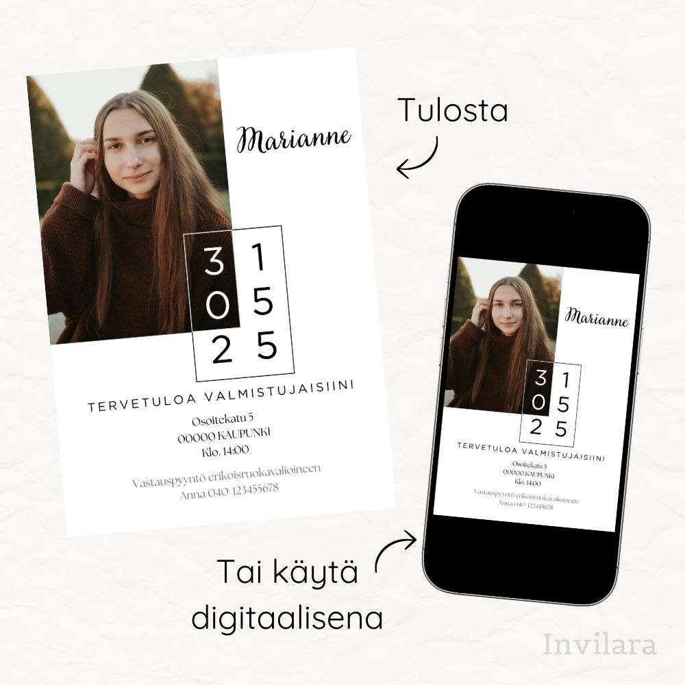muokattava ja tulostettava tai digitaalinen valmistujaiskutsu