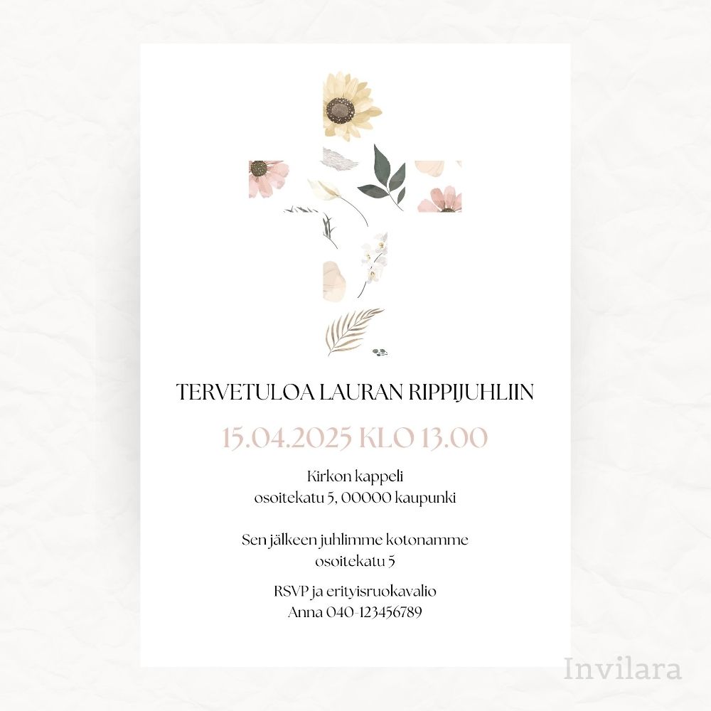 Muokattavat ja tulostettavat tai digitaaliset rippujuhlakutsut