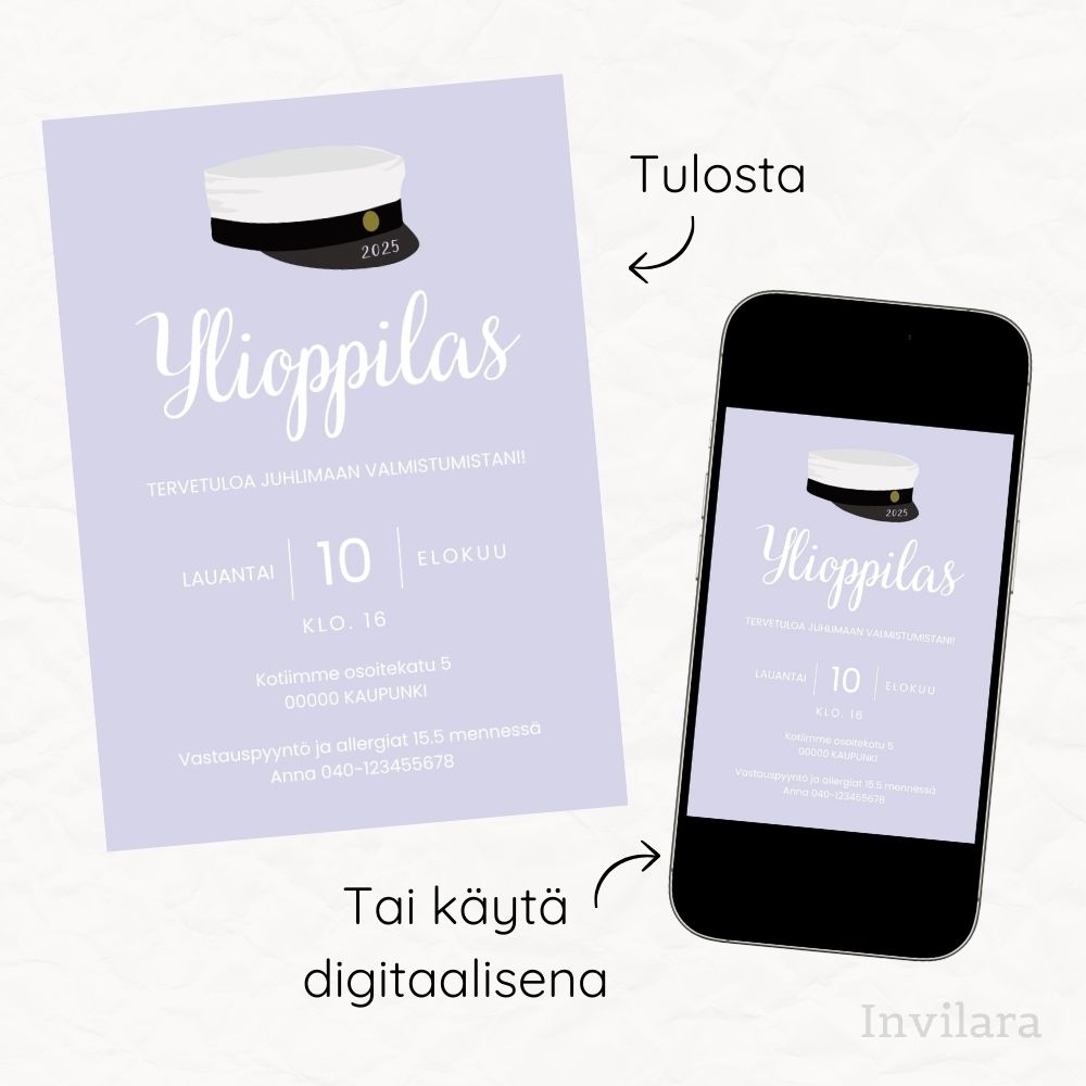 Digitaalinen tulostettava ylioppilaskutsu ylioppilasjuhlat