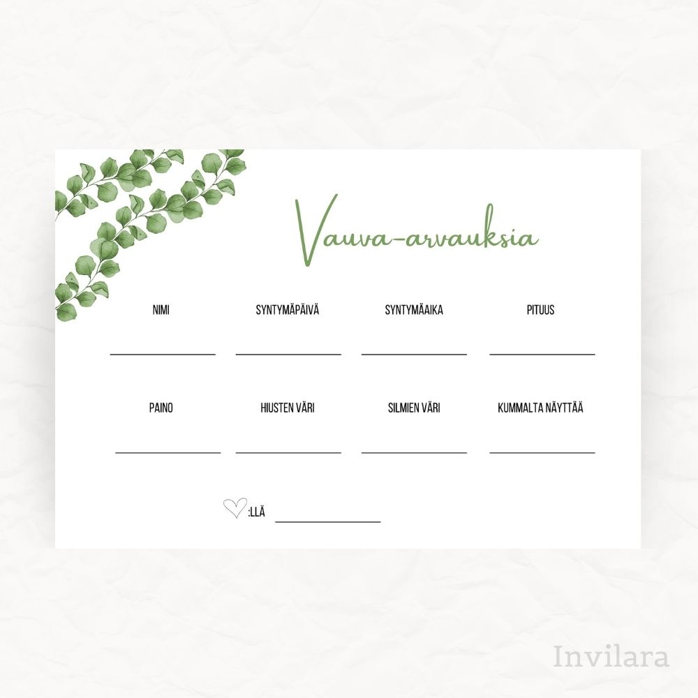 Tekemistä babyshowereille vauvakutsuille, vauva arvauksia, arvaa tulevan vauvan paino pituus nimi ja paljon muuta