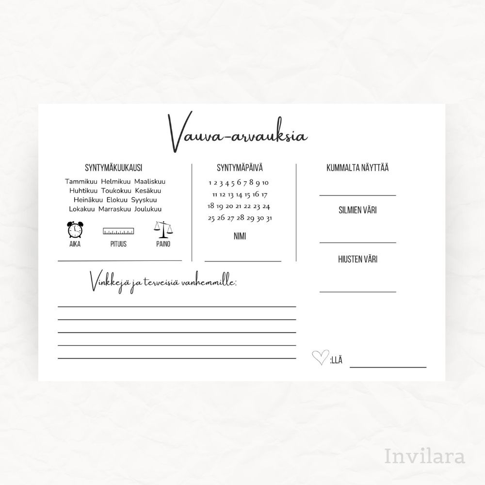 Tekemistä babyshowereille vauvakutsuille, vauva arvauksia, arvaa tulevan vauvan paino pituus nimi ja paljon muuta