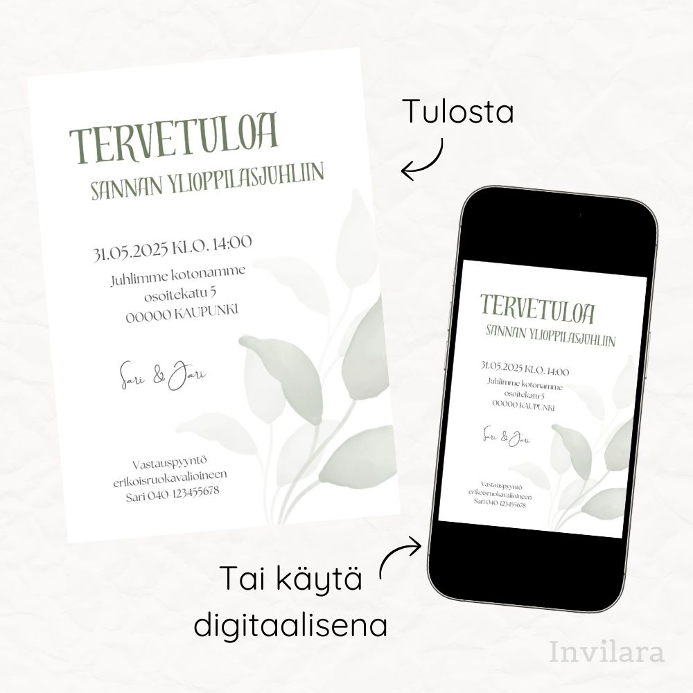 muokattava ja tulostettava tai digitaalinen valmistujaiskutsu