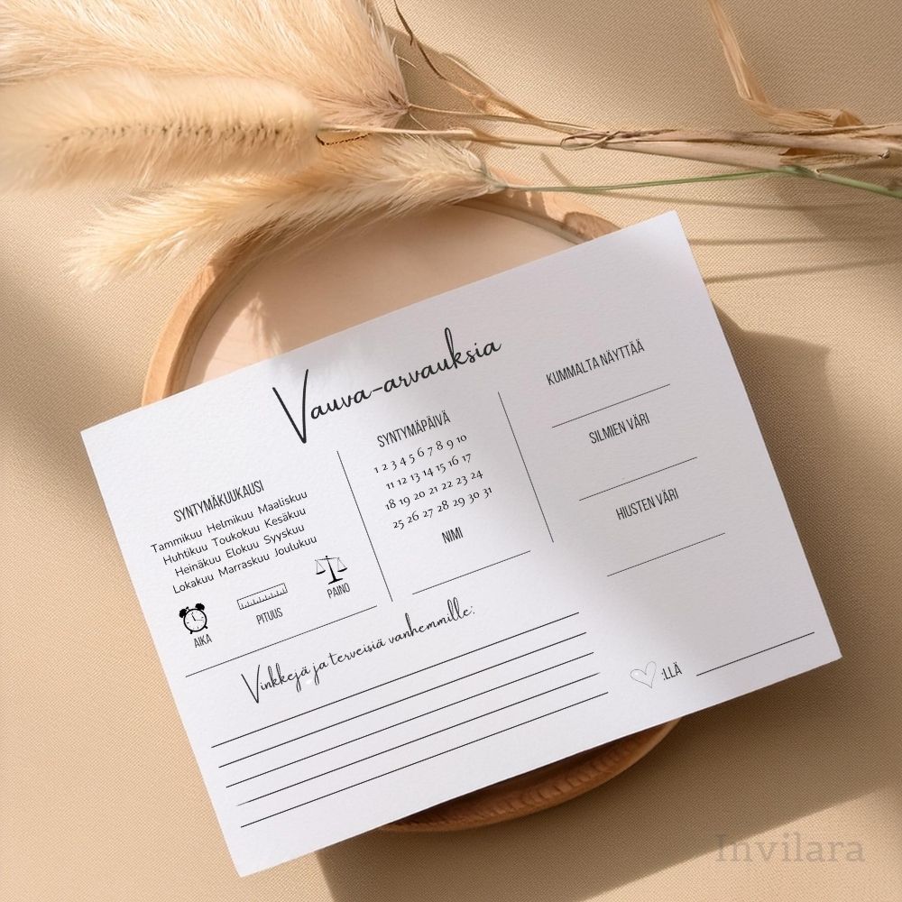 Tekemistä babyshowereille vauvakutsuille, vauva arvauksia, arvaa tulevan vauvan paino pituus nimi ja paljon muuta