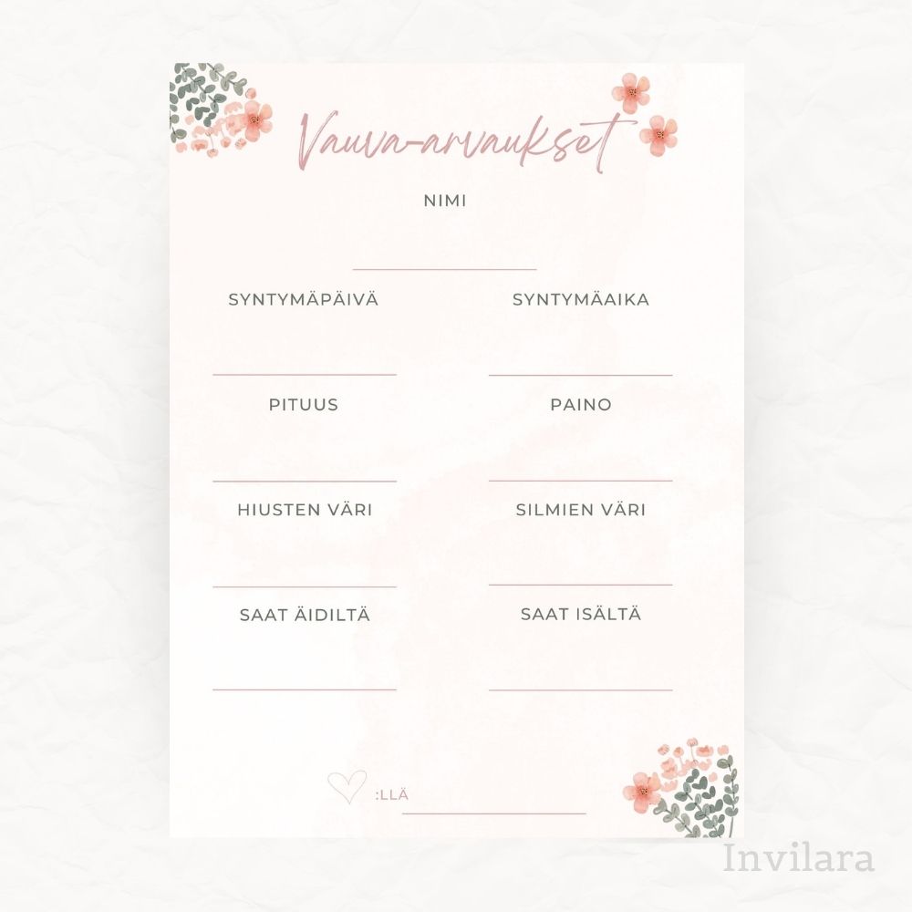 vauva arvaukset tehtäväkortti, arvaa vauvan paino pituus nimi ja paljon muuta