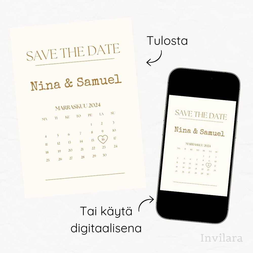 Muokattava ja tulostettava tai digitaalinen save the date kutsu ennen häitä