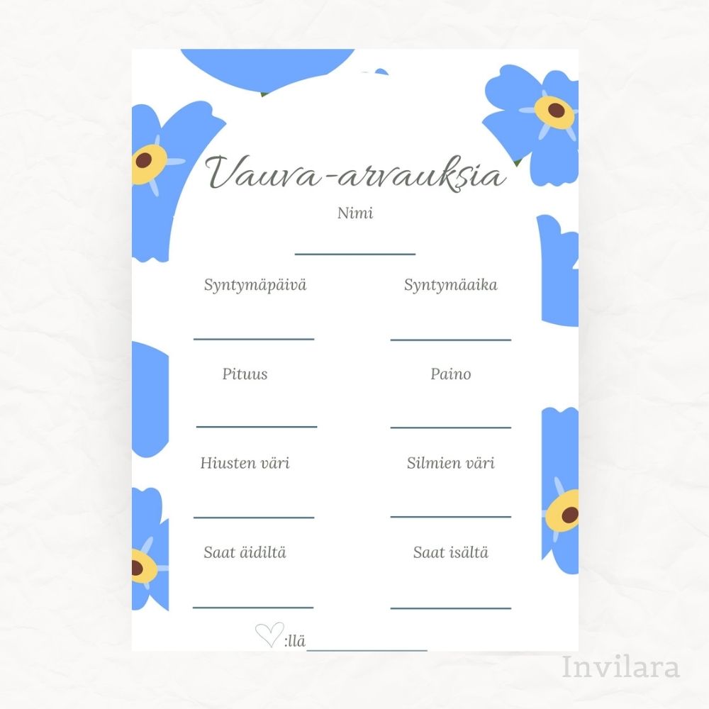 vauva arvaukset tehtäväkortti, arvaa vauvan paino pituus nimi ja paljon muuta