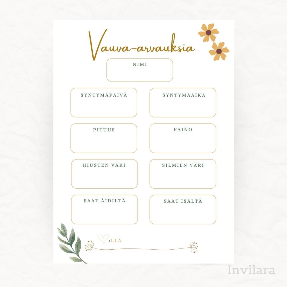 vauva arvaukset tehtäväkortti, arvaa vauvan paino pituus nimi ja paljon muuta