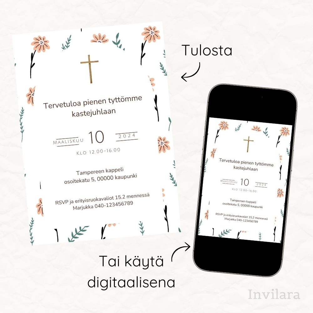 Muokattavat ja tulostettavat tai digitaaliset ristiäiskutsut ja nimiäiskutsut, ristiäiset nimiäiset