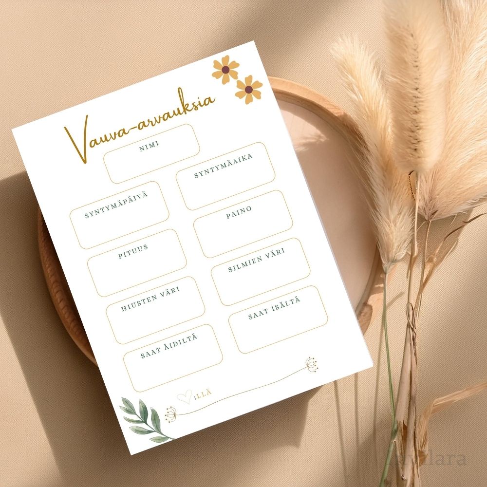 vauva arvaukset tehtäväkortti, arvaa vauvan paino pituus nimi ja paljon muuta