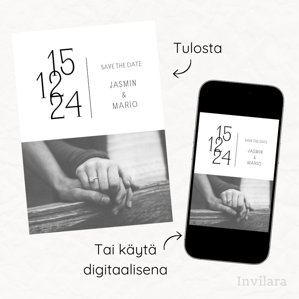 Muokattava ja tulostettava tai digitaalinen save the date kutsu ennen häitä