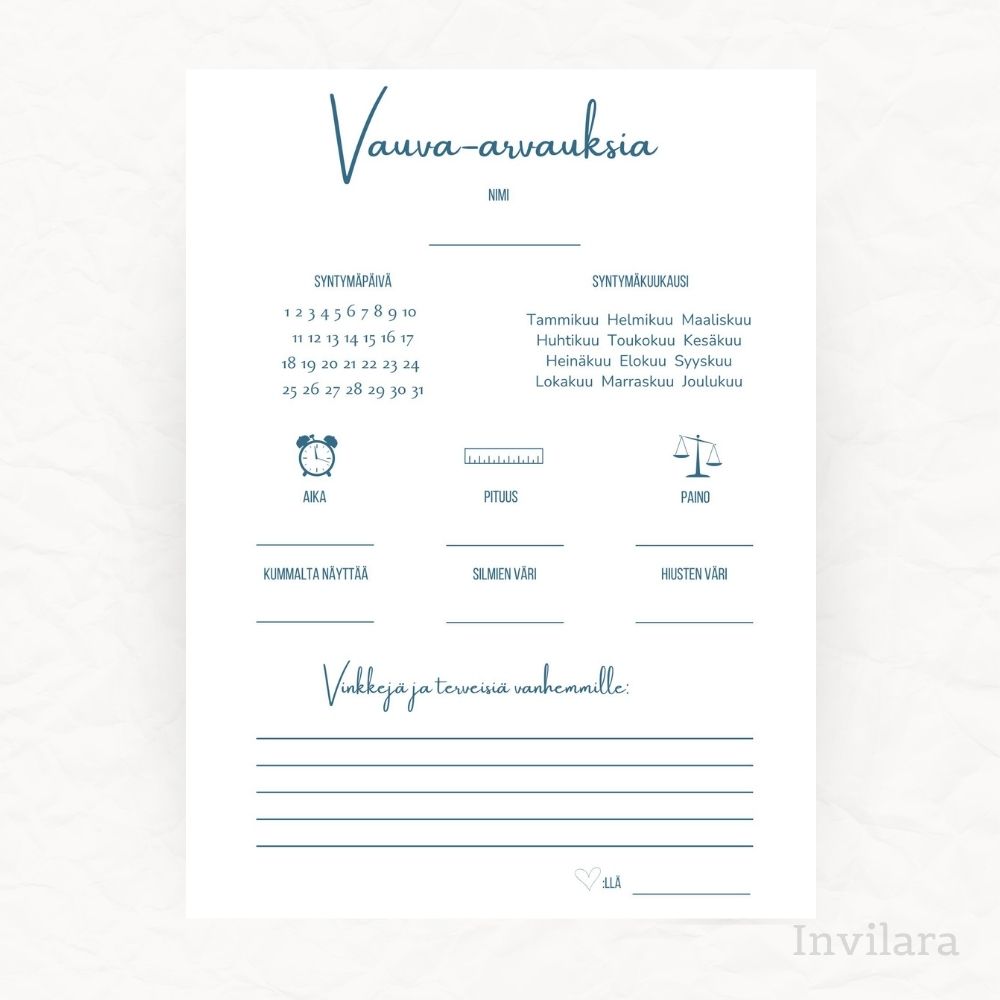 vauva arvaukset tehtäväkortti, arvaa vauvan paino pituus nimi ja paljon muuta