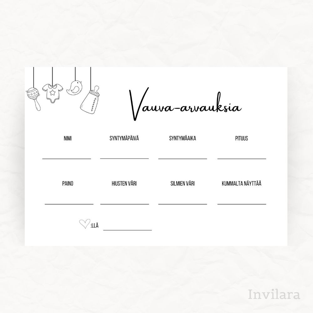 Tekemistä babyshowereille vauvakutsuille, vauva arvauksia, arvaa tulevan vauvan paino pituus nimi ja paljon muuta
