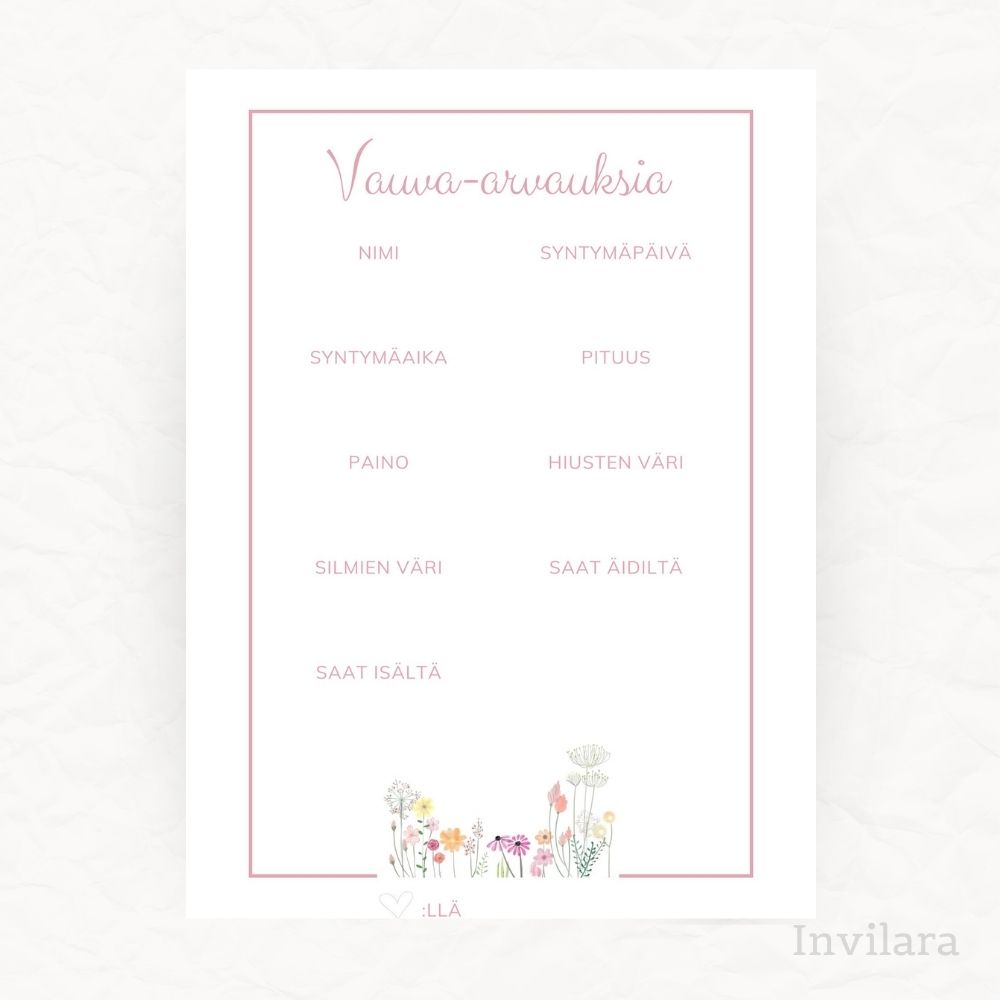 vauva arvaukset tehtäväkortti, arvaa vauvan paino pituus nimi ja paljon muuta