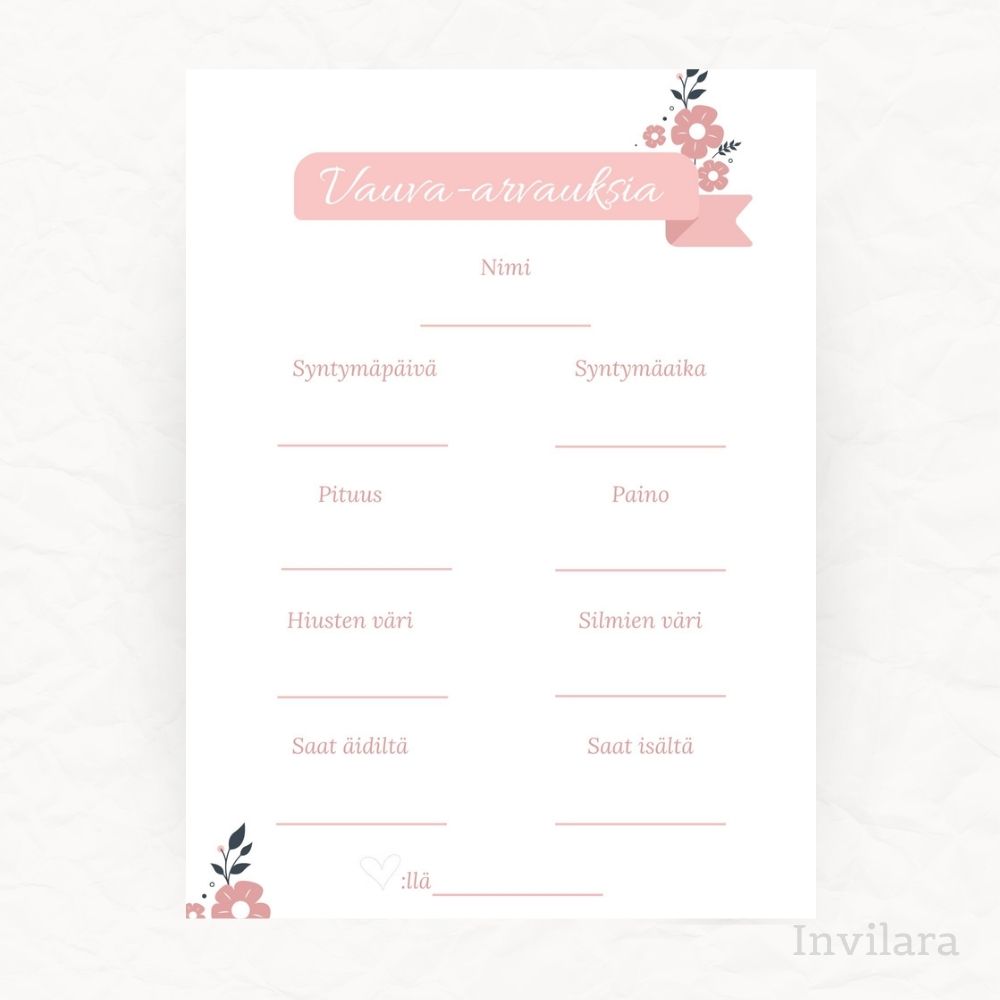 vauva arvaukset tehtäväkortti, arvaa vauvan paino pituus nimi ja paljon muuta