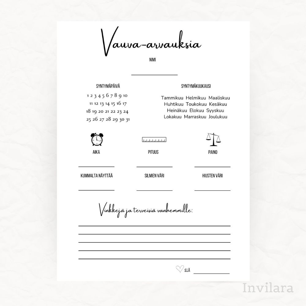 vauva arvaukset tehtäväkortti, arvaa vauvan paino pituus nimi ja paljon muuta