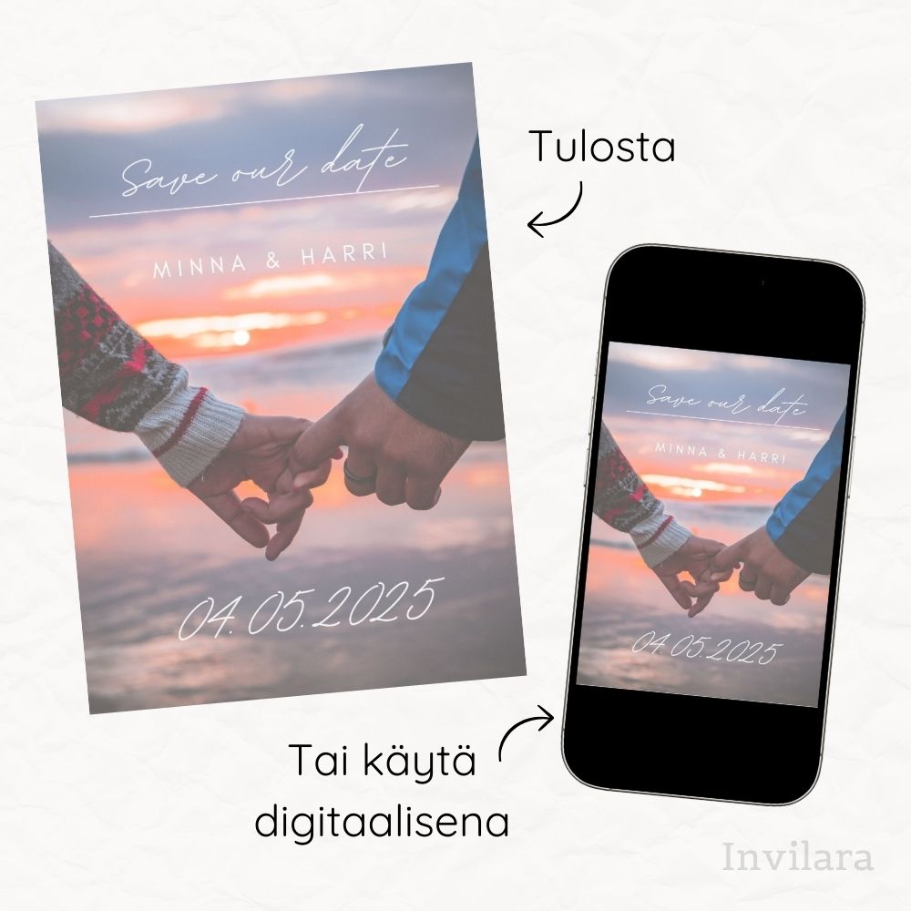 Muokattava ja tulostettava tai digitaalinen save the date kutsu ennen häitä