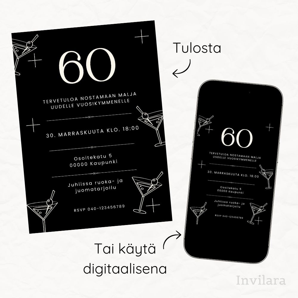 Aikuisten muokattavat ja tulostettavat tai digitaaliset syntymäpäiväkutsut