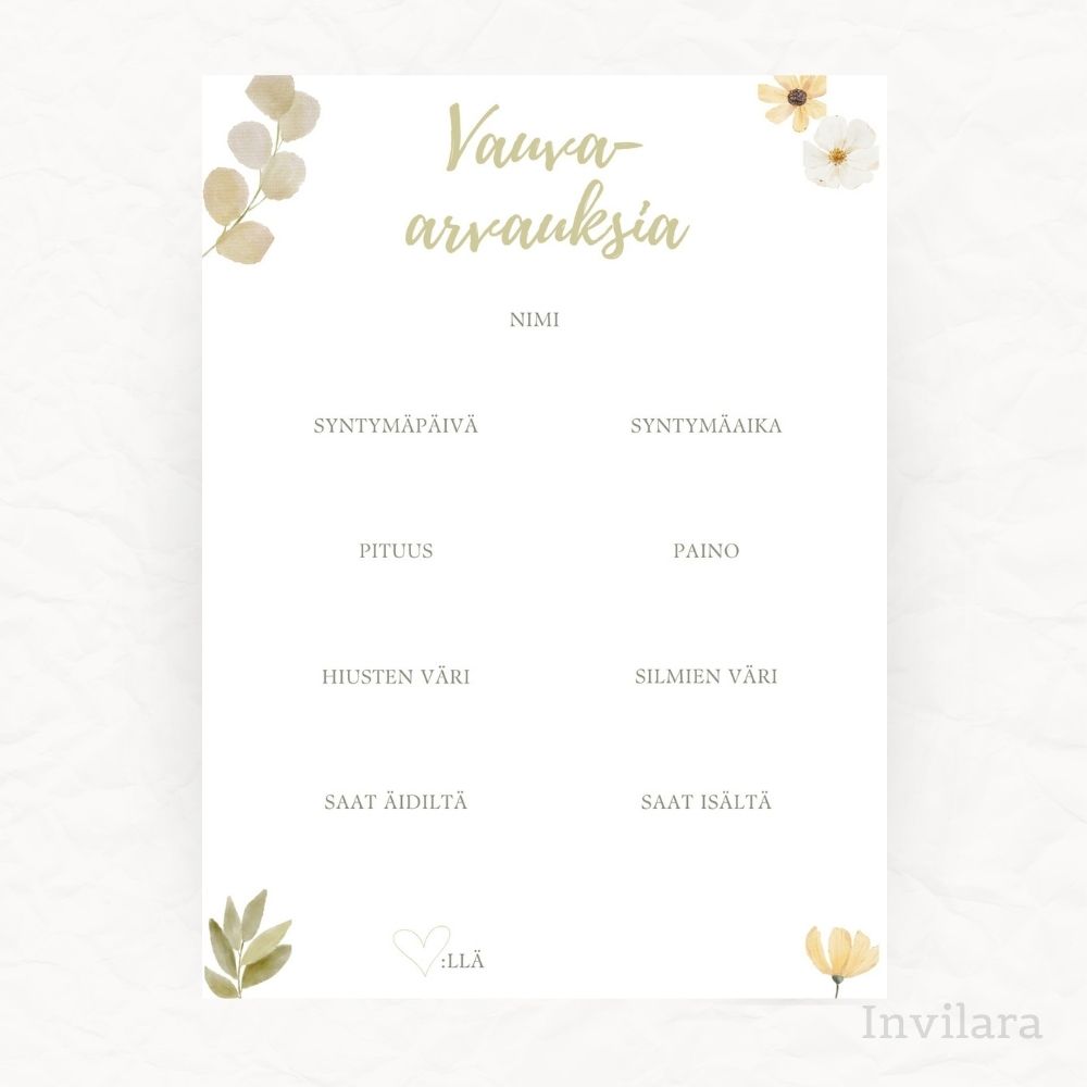 vauva arvaukset tehtäväkortti, arvaa vauvan paino pituus nimi ja paljon muuta