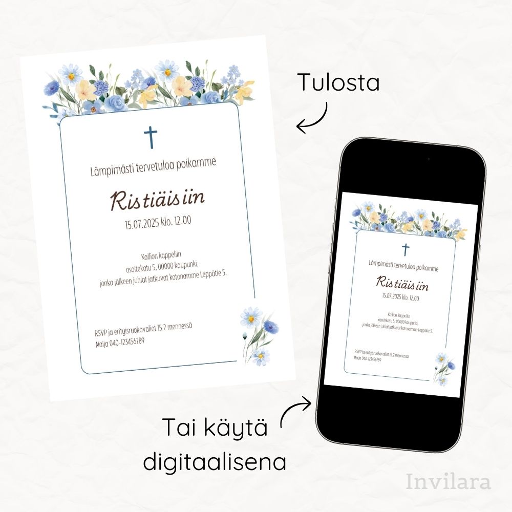 Muokattavat ja tulostettavat tai digitaaliset ristiäiskutsut ja nimiäiskutsut, ristiäiset nimiäiset