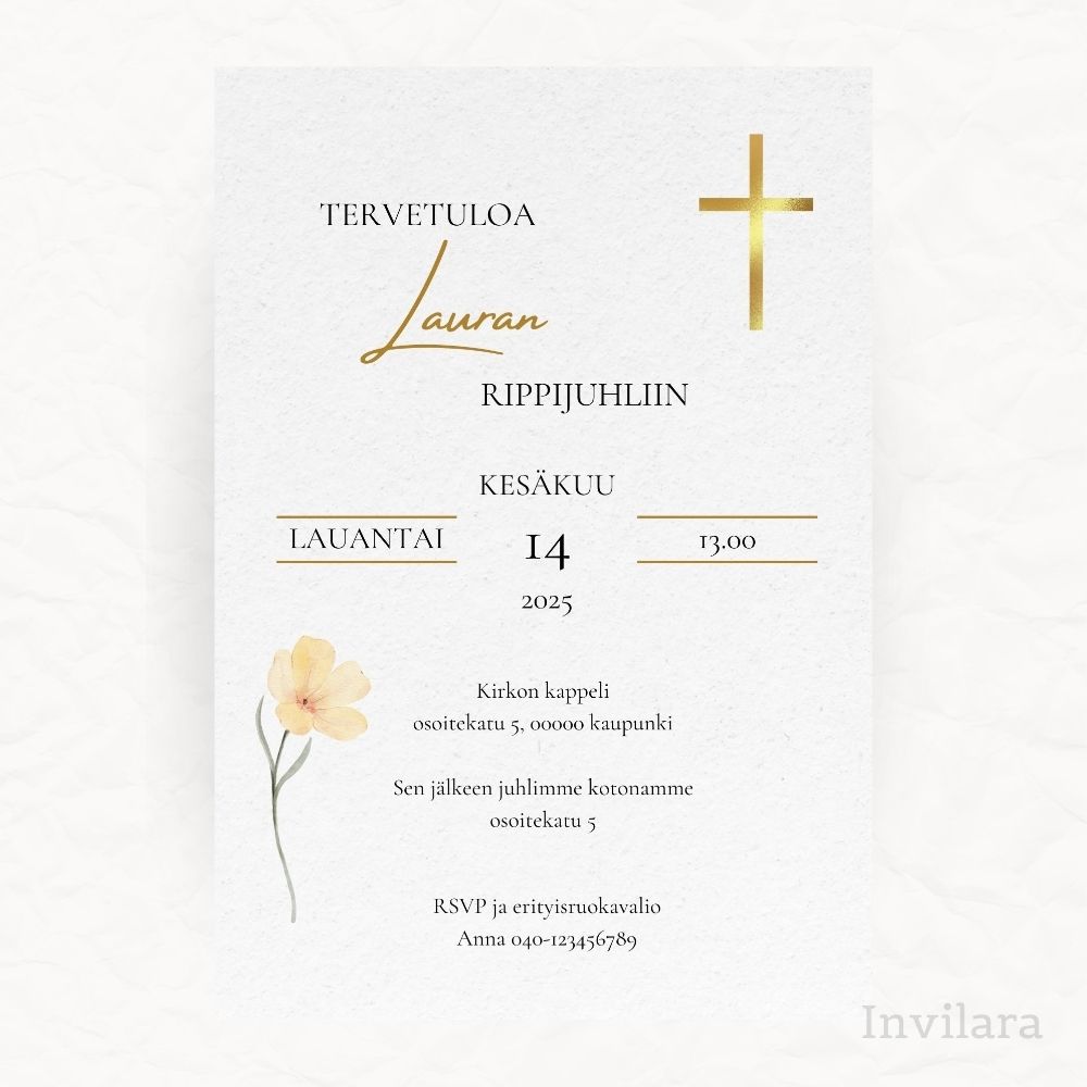 Muokattavat ja tulostettavat tai digitaaliset rippujuhlakutsut