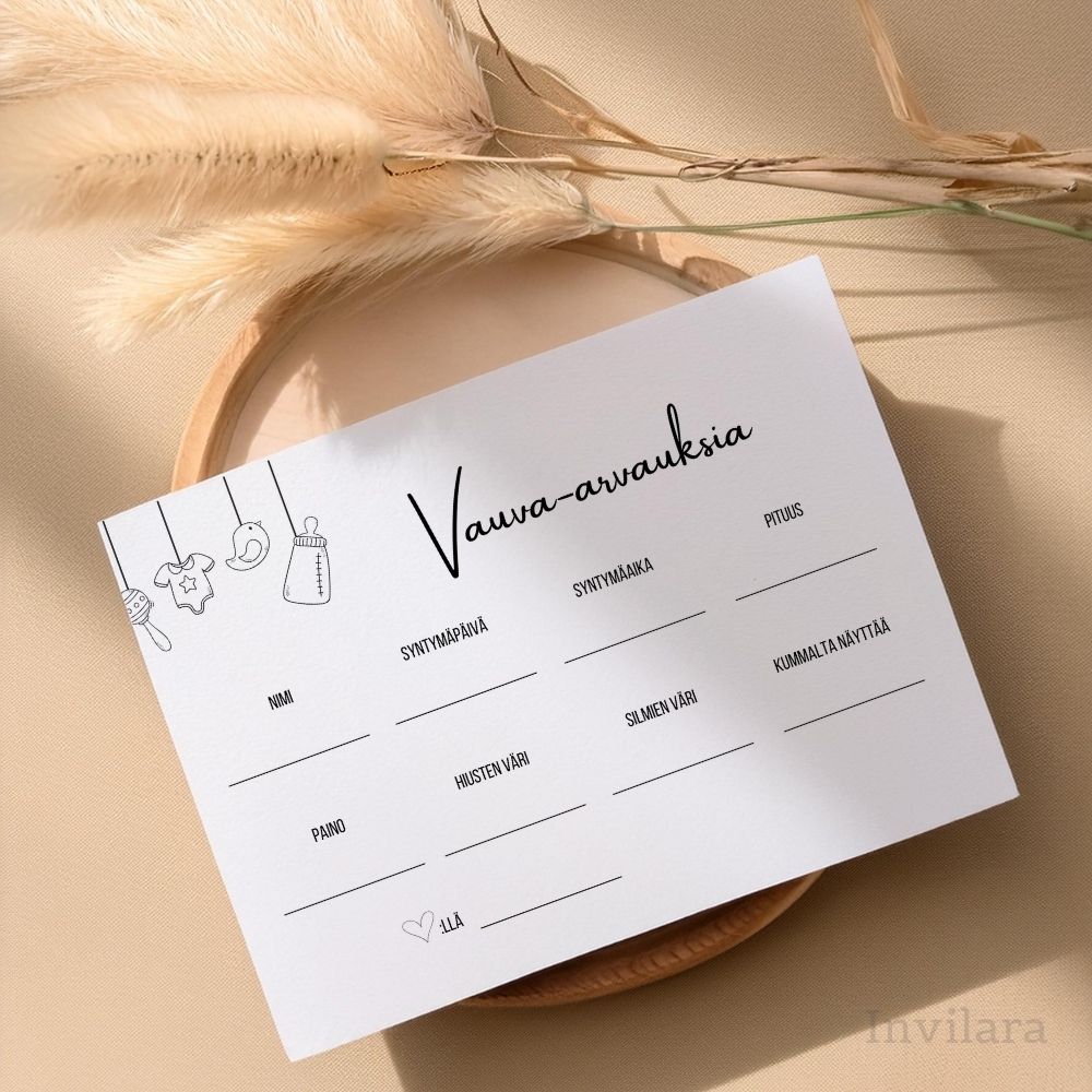 Tekemistä babyshowereille vauvakutsuille, vauva arvauksia, arvaa tulevan vauvan paino pituus nimi ja paljon muuta