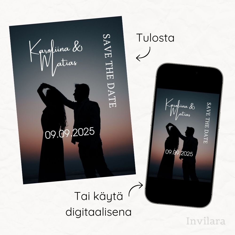 Muokattava ja tulostettava tai digitaalinen save the date kutsu ennen häitä