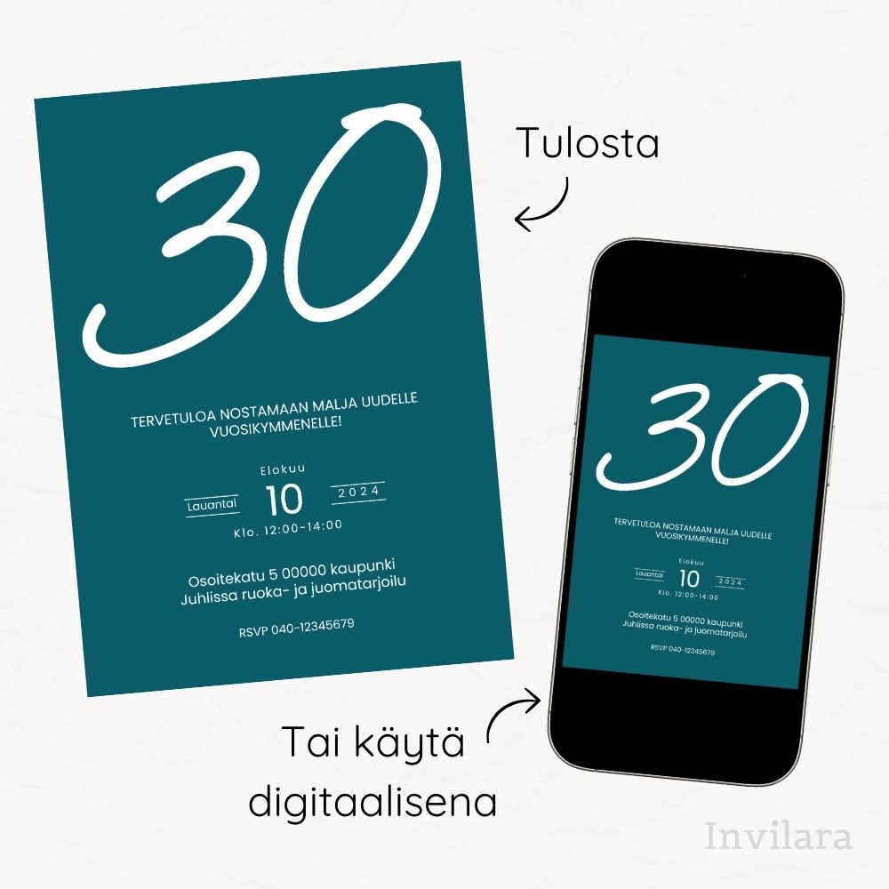Aikuisten muokattavat ja tulostettavat tai digitaaliset syntymäpäiväkutsut
