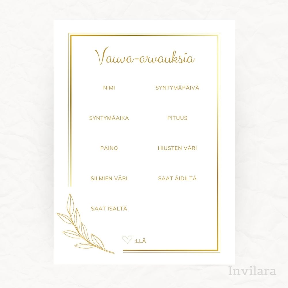 vauva arvaukset tehtäväkortti, arvaa vauvan paino pituus nimi ja paljon muuta