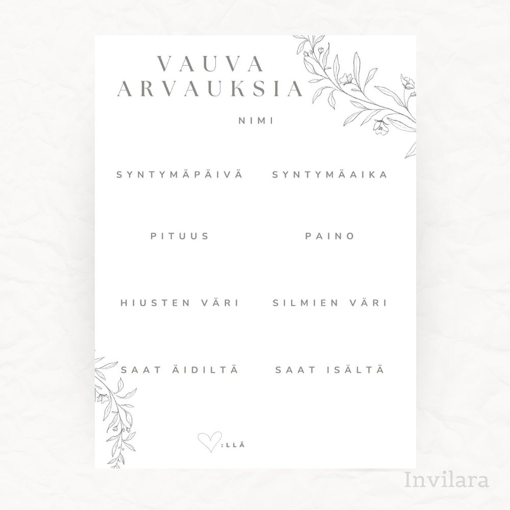 Tekemistä babyshowereille vauvakutsuille, vauva arvauksia, arvaa tulevan vauvan paino pituus nimi ja paljon muuta