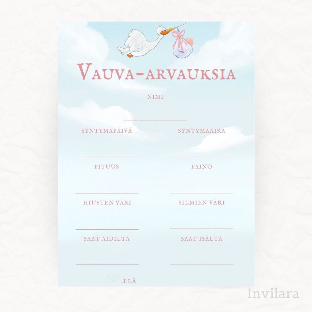 vauva arvaukset tehtäväkortti, arvaa vauvan paino pituus nimi ja paljon muuta