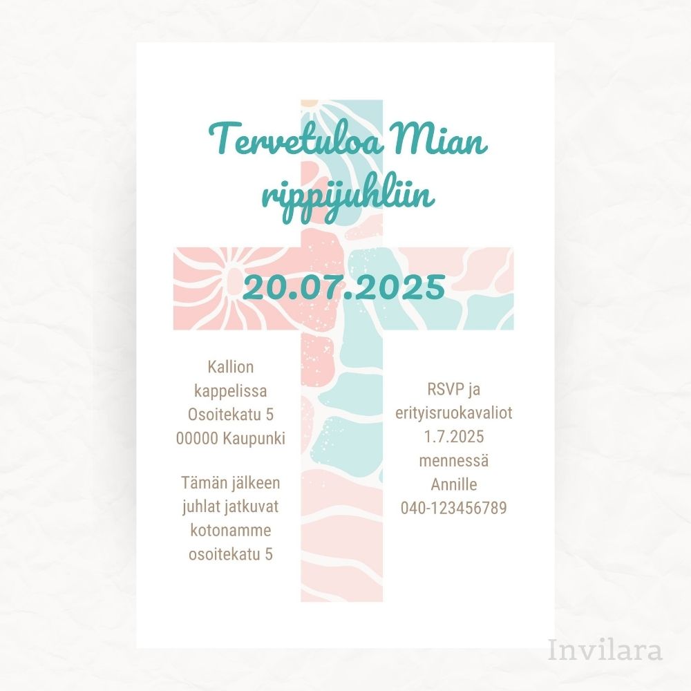 Muokattavat ja tulostettavat tai digitaaliset rippujuhlakutsut