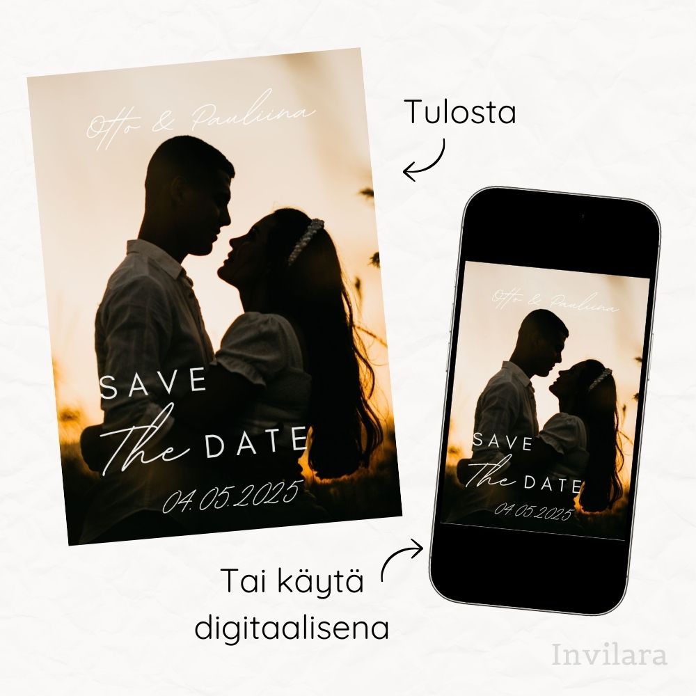 Muokattava ja tulostettava tai digitaalinen save the date kutsu ennen häitä