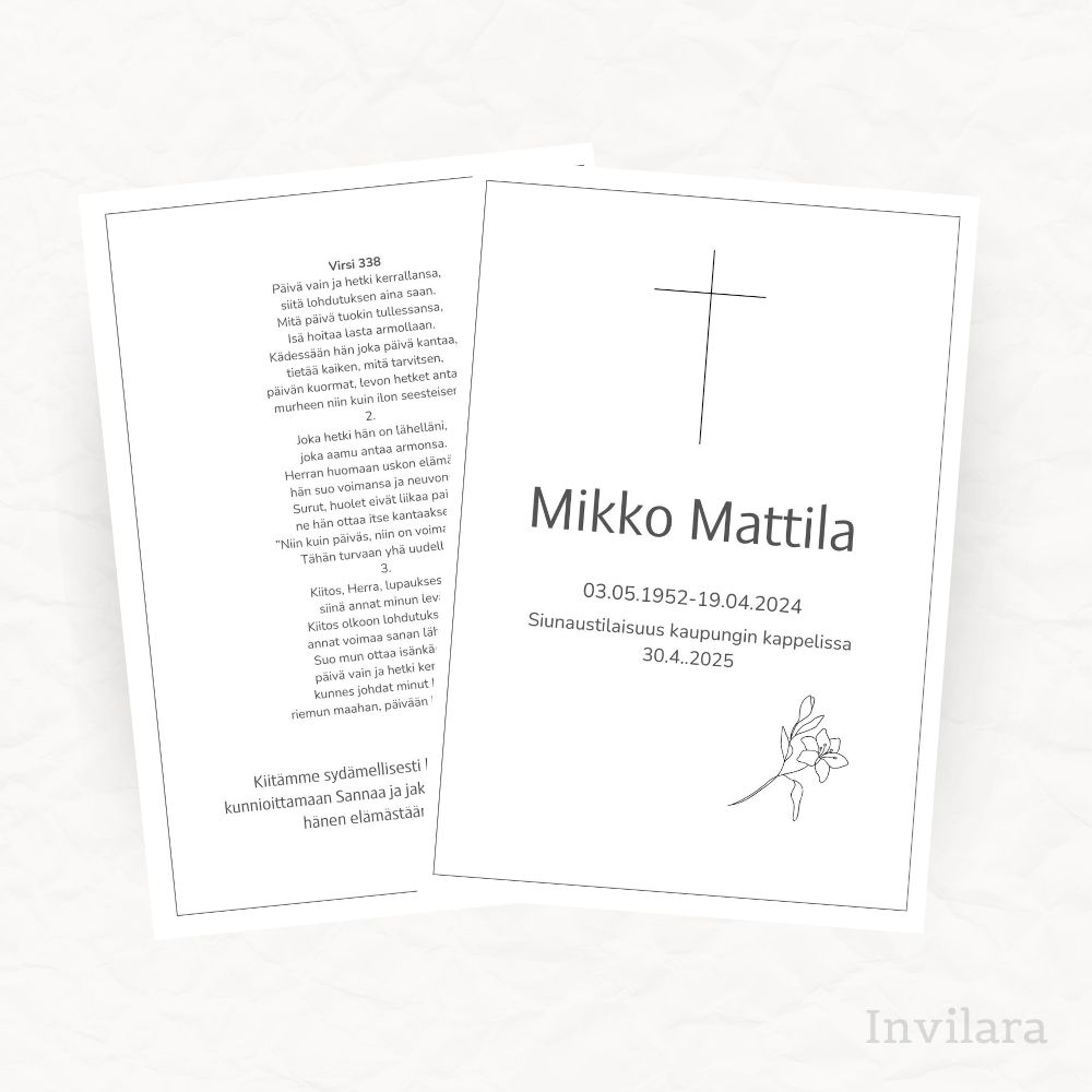 Muokattava ja tulostettava hautajaisohjelma