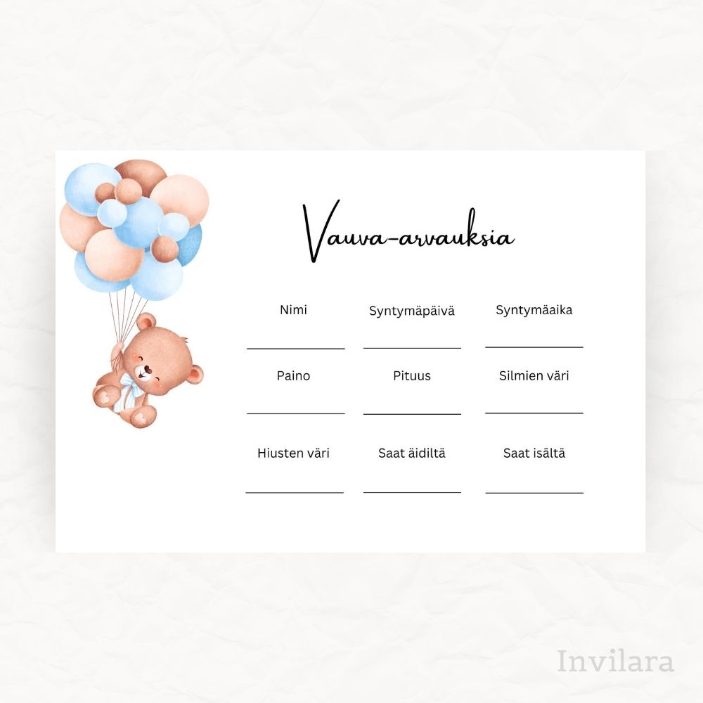 Tekemistä babyshowereille vauvakutsuille, vauva arvauksia, arvaa tulevan vauvan paino pituus nimi ja paljon muuta