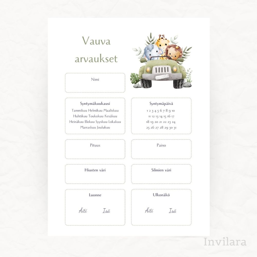 Tekemistä babyshowereille vauvakutsuille, vauva arvauksia, arvaa tulevan vauvan paino pituus nimi ja paljon muuta