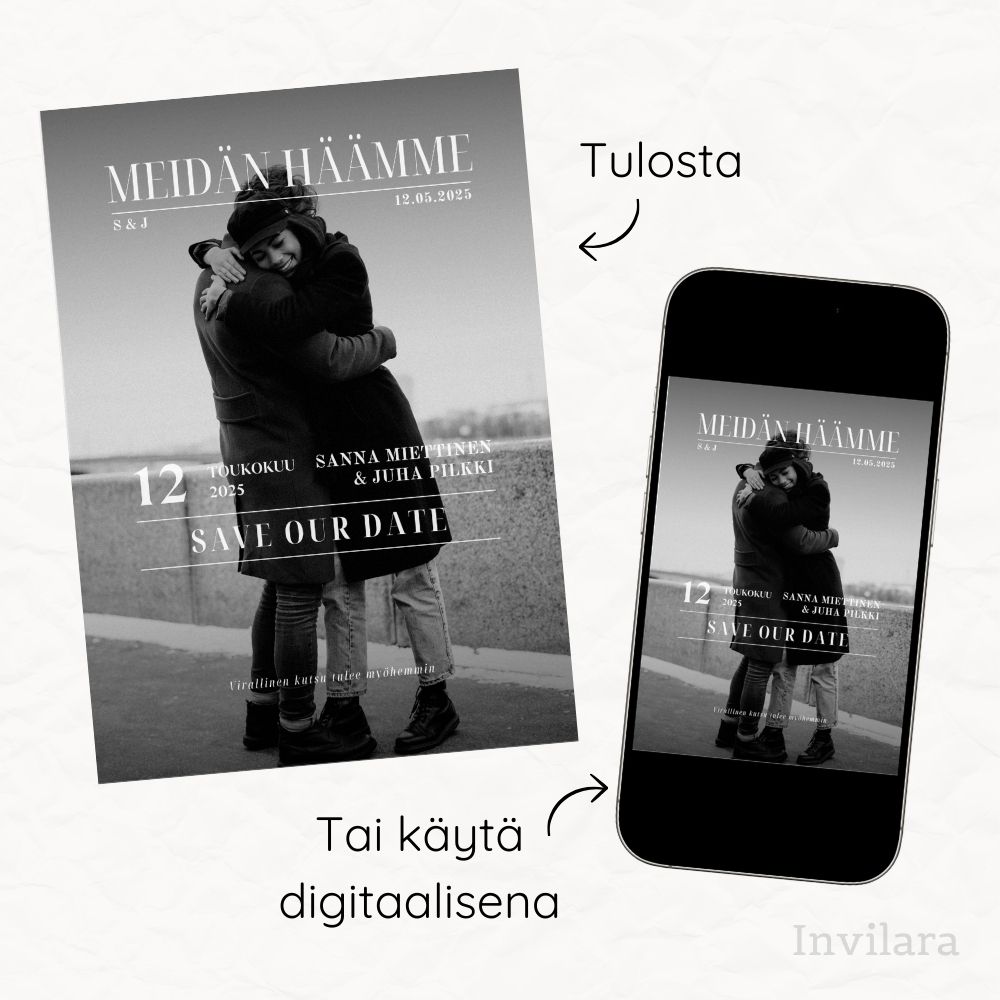 Muokattava ja tulostettava tai digitaalinen save the date kutsu ennen häitä