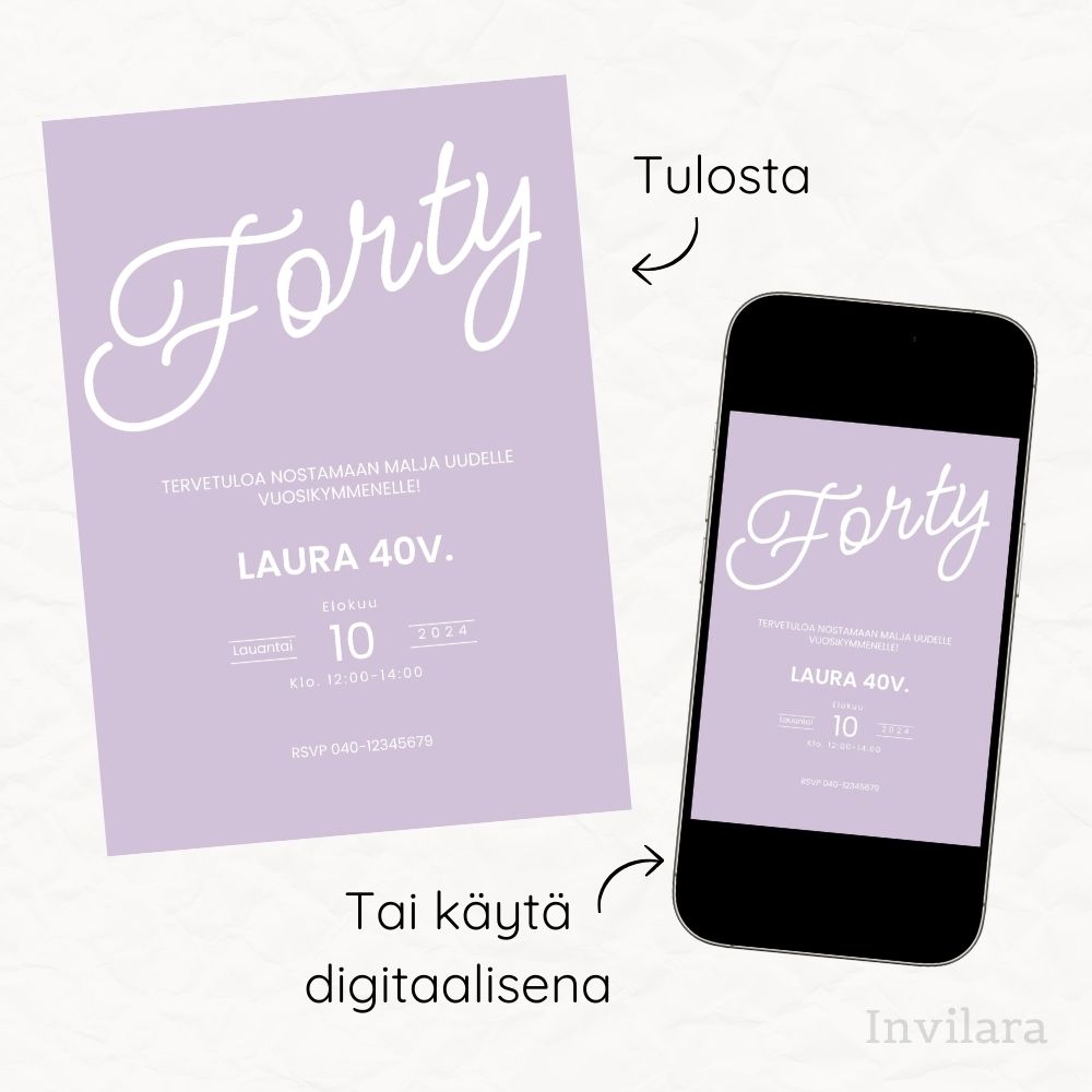 Aikuisten muokattavat ja tulostettavat tai digitaaliset syntymäpäiväkutsut