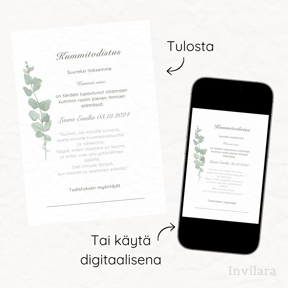 Tulostettava ja muokattava kummitodistus ristiäisiin tai nimiäisiin