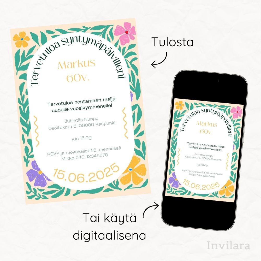 Aikuisten muokattavat ja tulostettavat tai digitaaliset syntymäpäiväkutsut