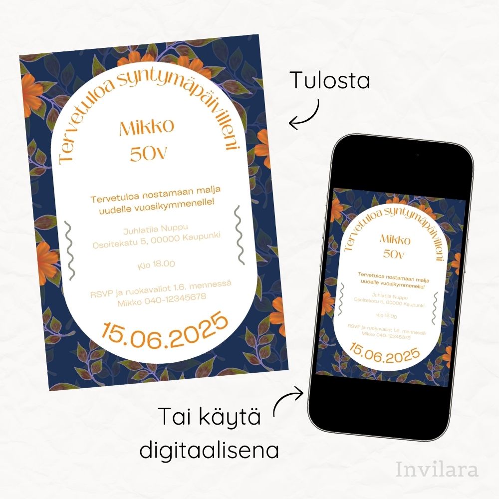 Aikuisten muokattavat ja tulostettavat tai digitaaliset syntymäpäiväkutsut