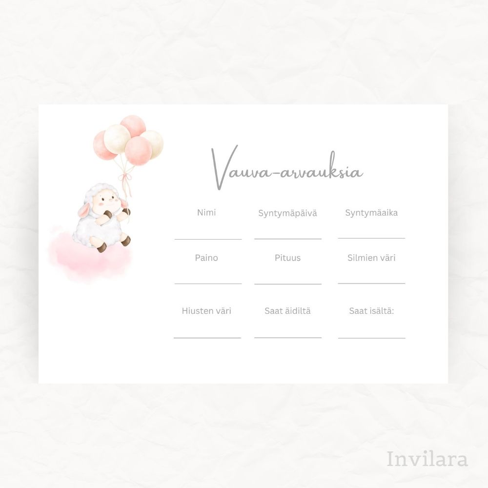 Tekemistä babyshowereille vauvakutsuille, vauva arvauksia, arvaa tulevan vauvan paino pituus nimi ja paljon muuta